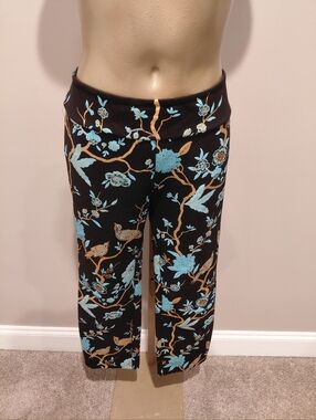 Soft Surroundings Chinoiserie Asian Floral Bird Ponte Knit Pants Womens M Black